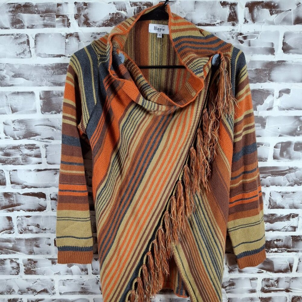 Military Hippie Small Cardigan Sweater Poncho Orange Brown Stripes Boho